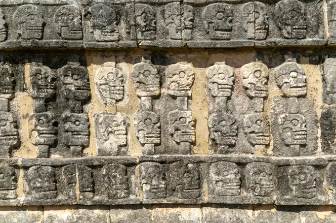 Platform of Skulls, Tzompantli, Chichen Itza, Mayan ruins, Yucatan, Mexico.