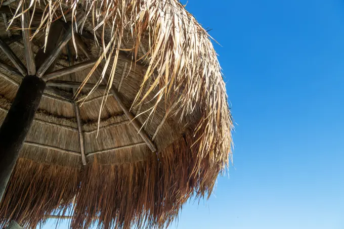 Thatched palapa shelter buildings with blue sky, Gulf of Mexico coast, Celestun, Yucatan, Mexico.