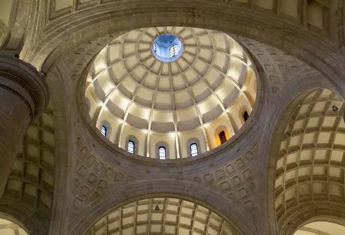 Arches and dome inside cathedral church, Merida, Yucatan State, Mexico.