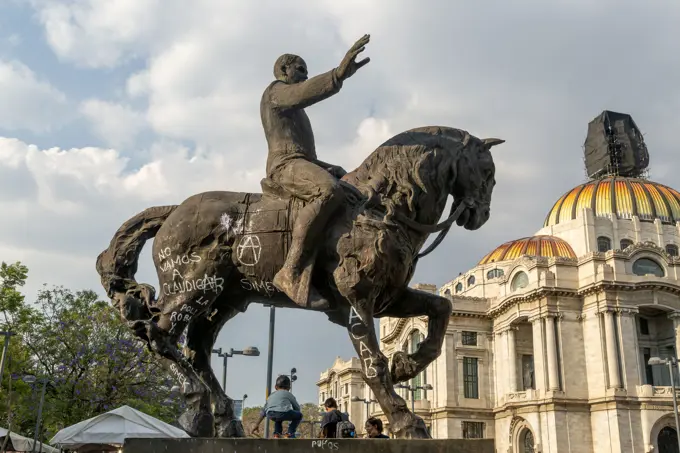 Graffiti on equestrian statue of Francisco Madero, Palacio de Bellas Artes, Palace of Fine Arts Mexico City, Mexico.