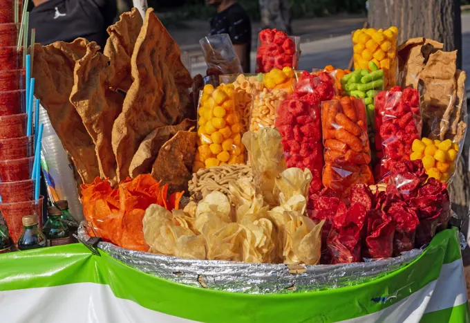 Stall selling fast food snacks, Alameda Central Park, Mexico City, Mexico.