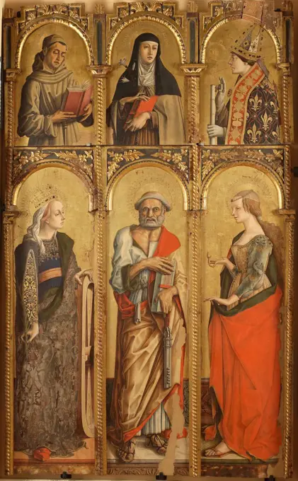 Polyptyc of Montefiore dell'Aso. Saint Catherine, Saint Peter, Saint Mary Magdalene, a Franciscan Saint, Saint Chiara, Saint Louis of Toulouse, by Carlo Crivelli, 1475, 15th Century, tempera and gold on board