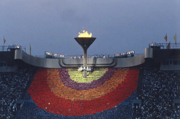 The Olympic brazier during the closing ceremony of the Moscow's olimpic games, held in Moscow from July 19 to August 3, 1980. Moscow, Russian Federation, 1980