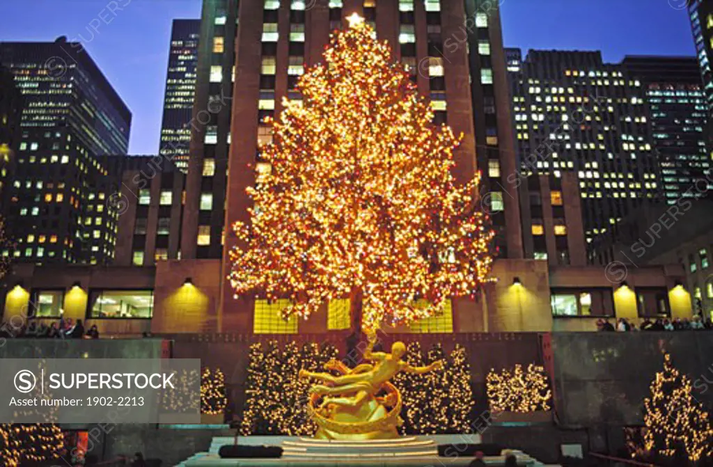 USA New York New York City Rockefeller Center with Christmas tree and Statue of Prometheus