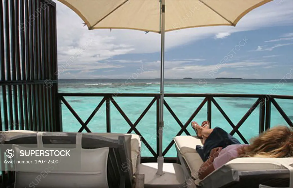 On the terrace of a bungalow of the White Sands hotel White Sands island Maldives islands