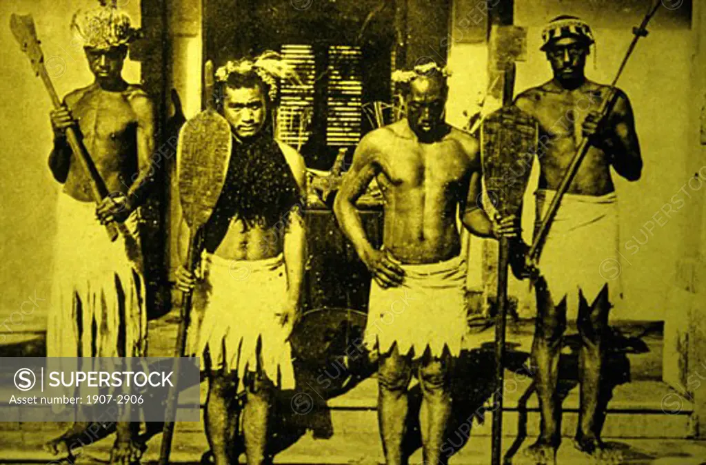 Some members of a cannibal tribe at the beginning of the 20th century on Nuku Hiva Marquises islands