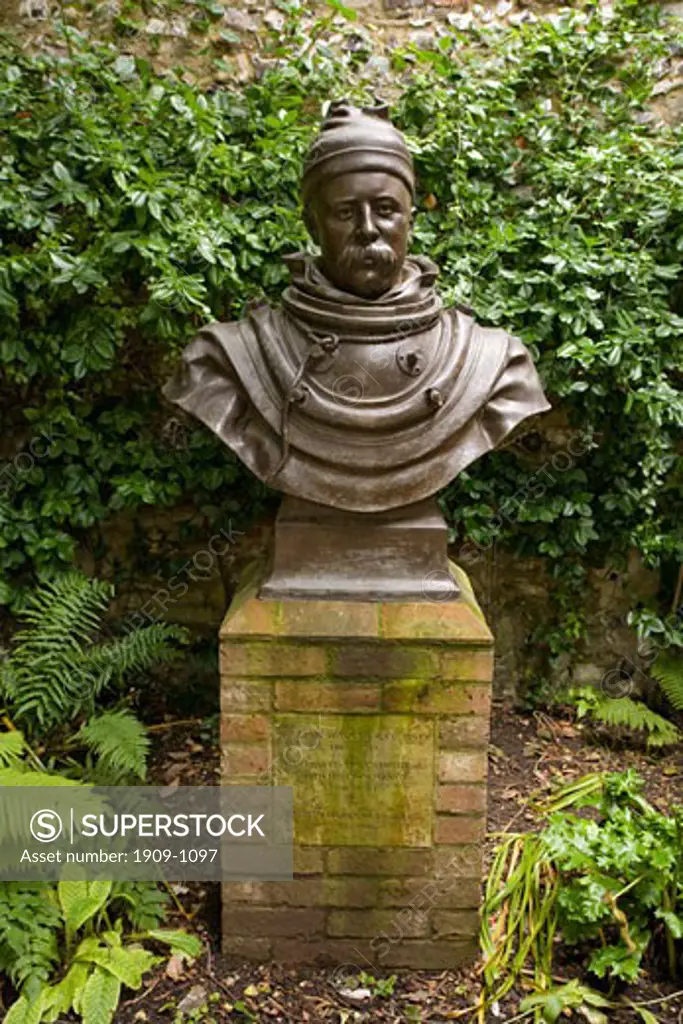 Bronze bust of William Walker diver who saved Winchester Cathedral Hampshire England United Kingdom GB Great Britain British Isles Europe EU