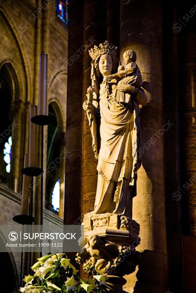 Notre Dame Cathedral interior statue of Mary and Jesus Paris France Europe EU