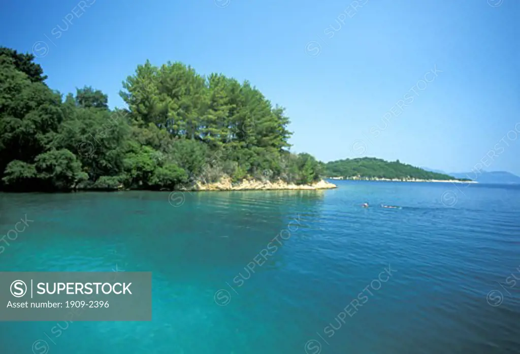 Greek Islands snorkelling off Skorpios Island Ionian sea Greece Europe EU Shot of beach on Skorpios owned by Onassis family