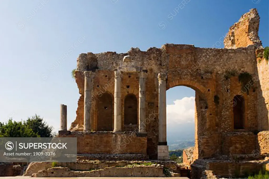 Greek Greco-Roman Theatre Theater ruined amphitheatre amphitheater in summer sunshine Taormina Island of Sicily Italy Europe EU