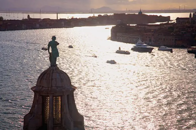 Venice waterfront panorama in evening light taken from the Belltower Campanile of the Church of San Giorgio Maggiore Italy