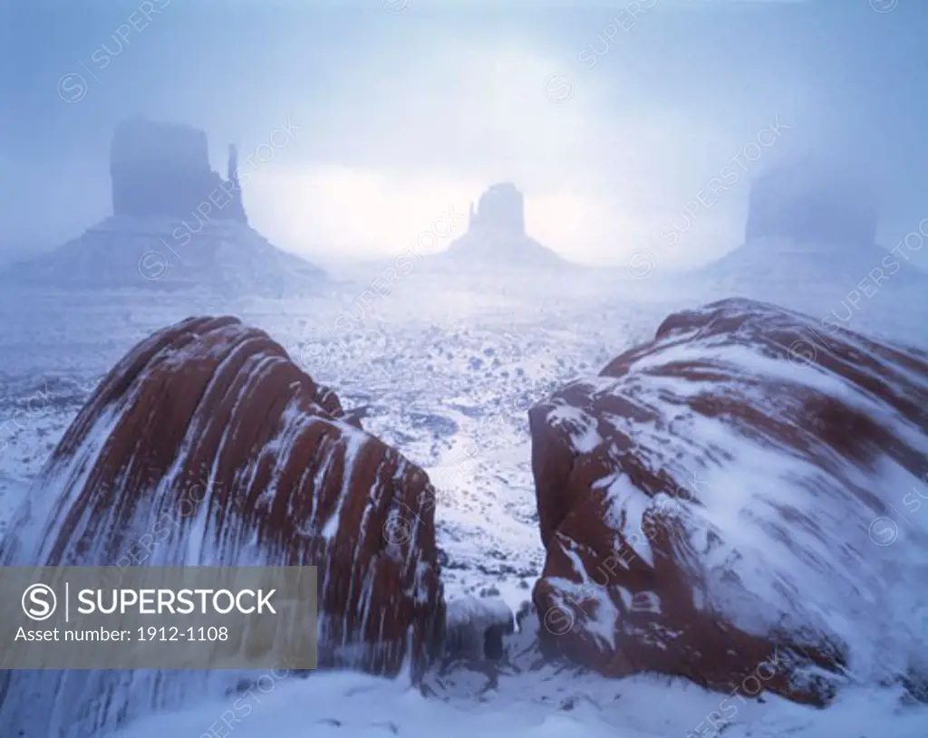 Fog  Snow at the Mittens  Monument Valley Tribal Park  Arizona