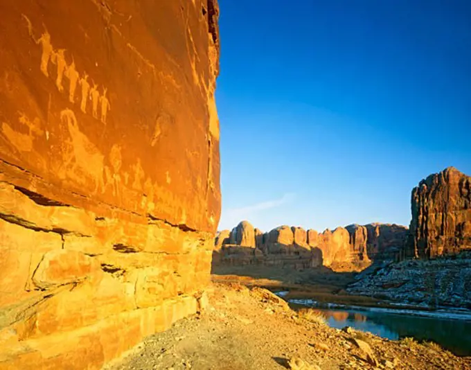 Anasazi Petroglyphs at Sunset along the Colorado River  Utah