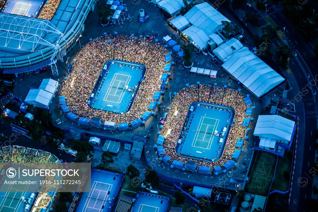 Dusk aerial view of the Australian Open Tennis tournament.  At Rod Laver Arena.