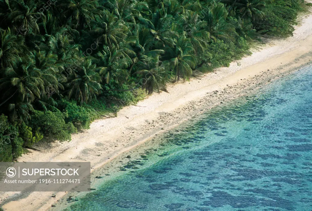 Gognga Beach and coconut palm tree jungle viewed from Two Lovers Point (Puntan Dos Amantes), Guam.