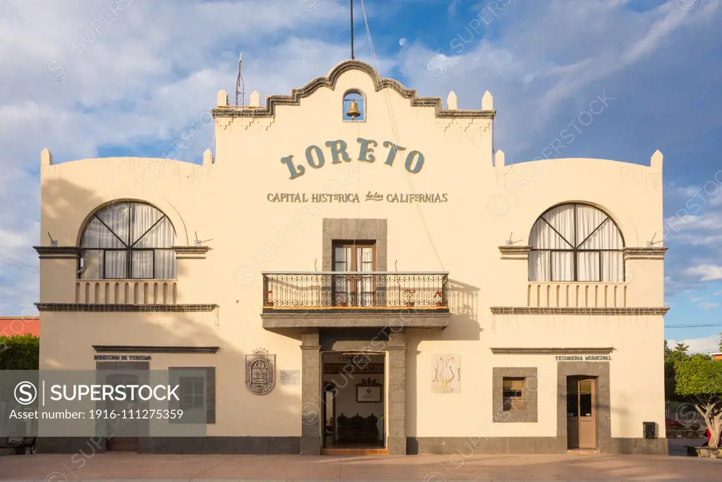 City Hall on Plaza Benito Juarez in Loreto, Baja California Sur, Mexico. Loreto was the first Spanish colonial city in Baja and the original capitol of all of California. According to some sources the oldest inhabited area of the Baja Peninsula.