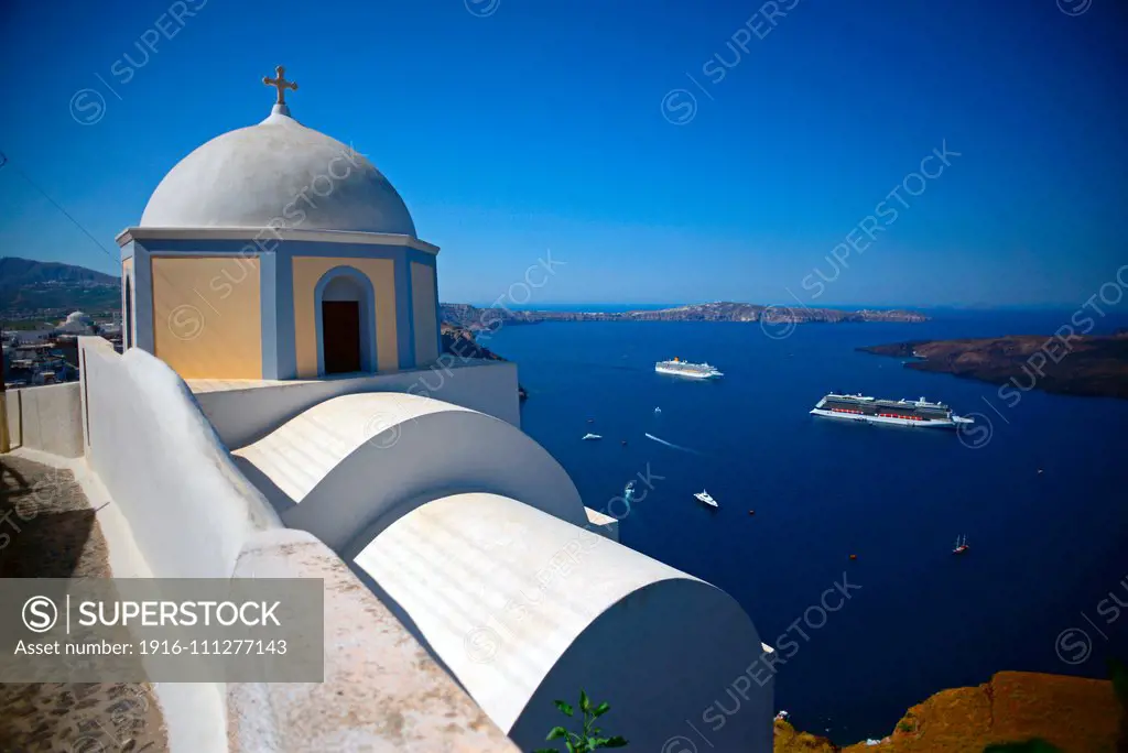 Hillside church in Fira, Santorini, Greek Islands, Greece