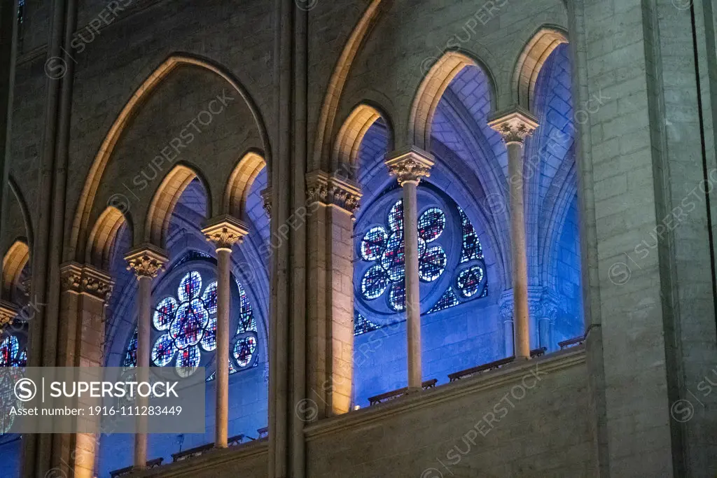 Interior of Notre-Dame de Paris, medieval gothic cathedral in Paris, France, a few weeks before destruction by fire