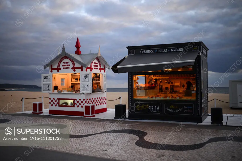 Food stands on the beach of Nazare, Portugal