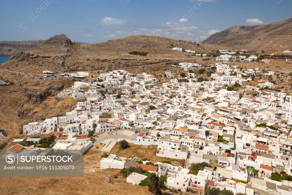 View of the town of Lindos from the Acropolis, Lindos, Rhodes, Greece