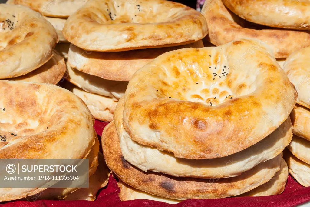 Non bread for sale, Siyob Market, also known as Siab Market, Samarkand, Uzbekistan