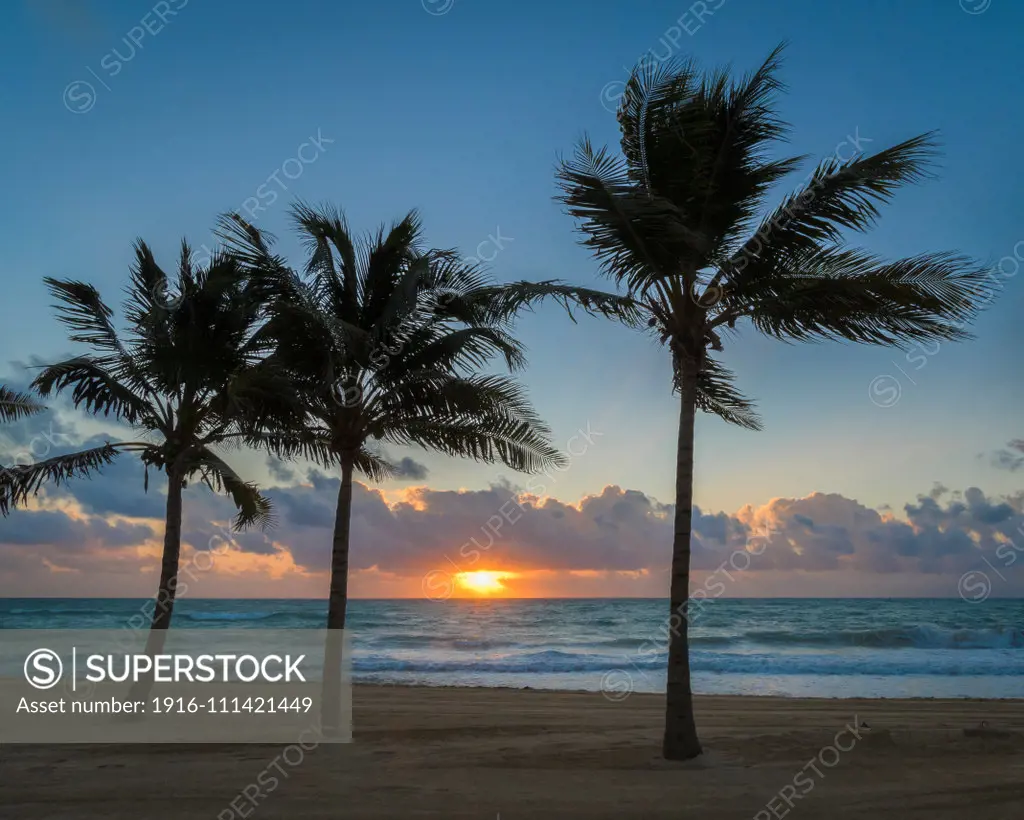 Sunrise on the Caribbean Sea from the beach at Grand Residences Riviera Cancun, Puerto Morelos, Riviera Maya, Mexico.