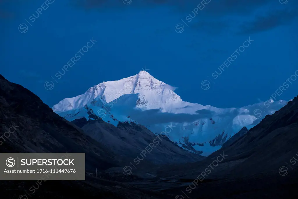 Mount Everest North Face seen from Rongbuk Monastery during sunset