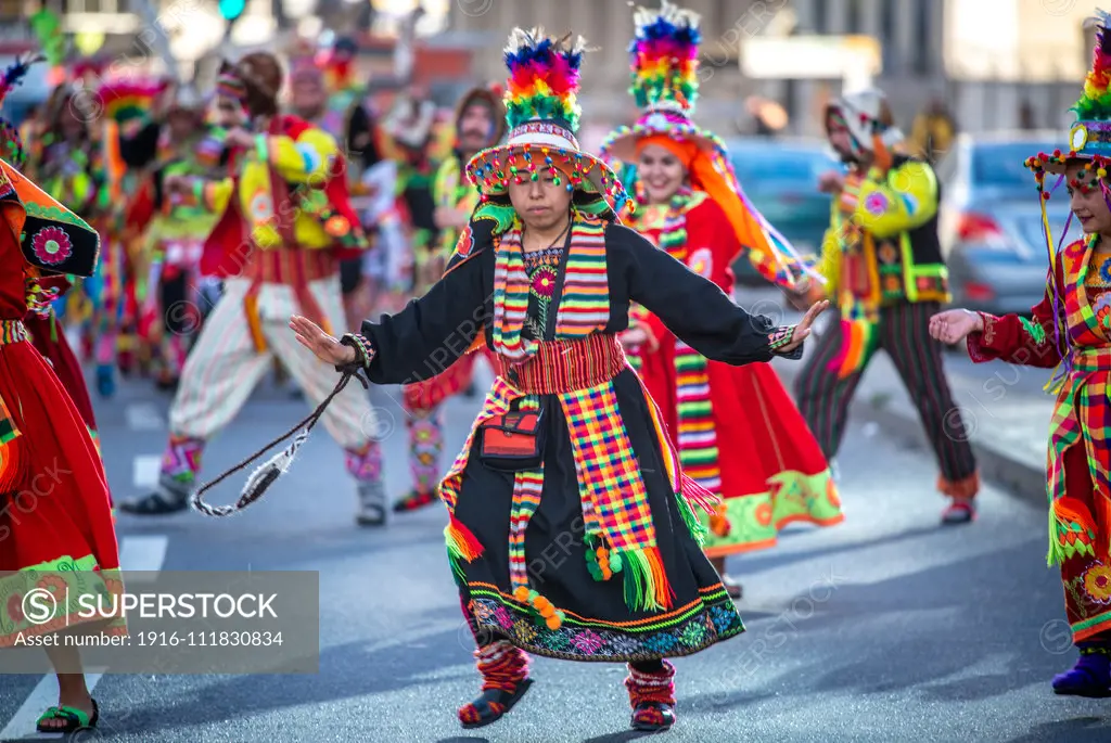 Chileans participating in traditional festival costumes, Valparaiso, Chile.