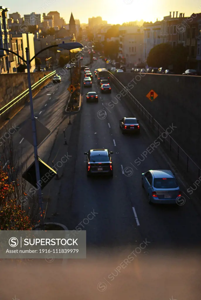 Traffic at sunset in San Francisco.