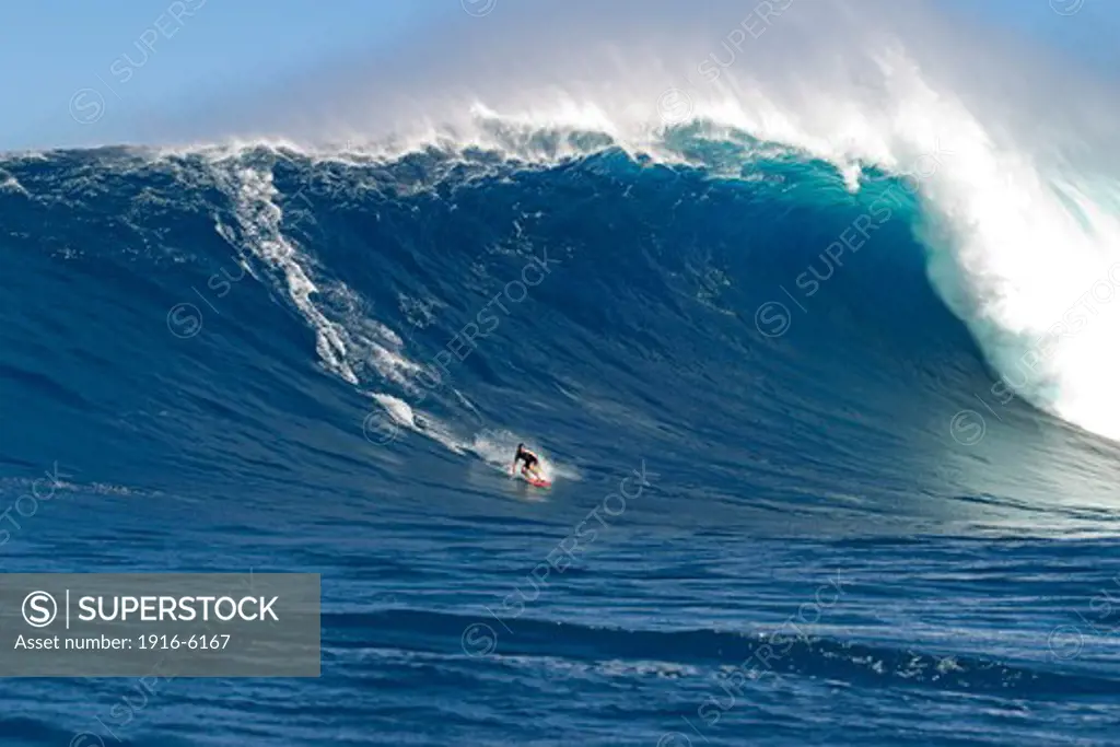 USA, Hawaii, Maui, Peahi, tow-in surfer drops to curl of Hawaii's big surf