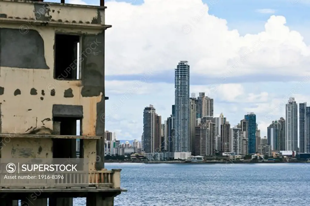 View of spanish colonial archetecture and the new buildings, Casco Viejo District, Panama City