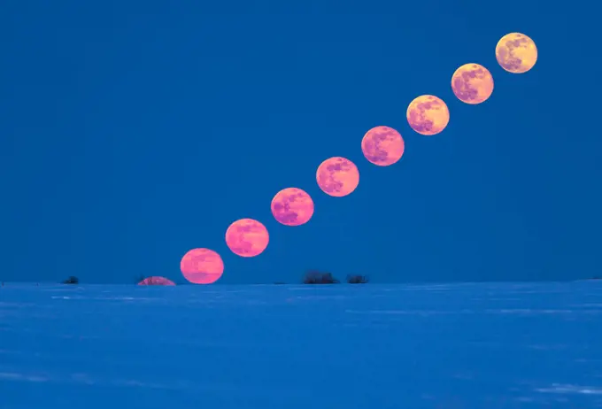 The rising of the Full Moon on Easter eve, Saturday, March 31, 2018, on a very cold night with lots of snow still on the ground in Alberta. So this is more a winter Moon than a spring one. This is the paschal” Moon - the one that defines the date of Easter, being the first Full Moon after the vernal equinox. The first Sunday after that Full Moon, in this case the next day, is Easter Sunday. This was also a blue Moon” as this was the second Full Moon of March, and it was the second blue Moon 