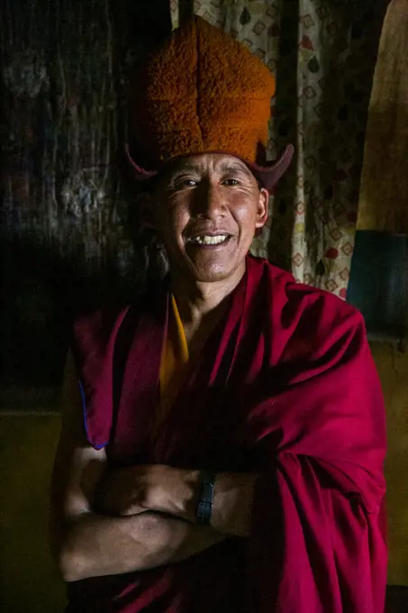 Buddhist monk in a monastery in Zanskar valley, Northern India.