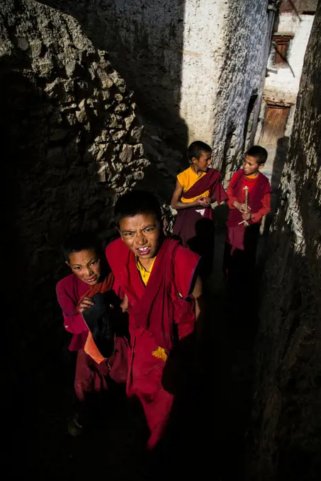 Buddhist monks and monastery in Zanskar valley, Northern India.