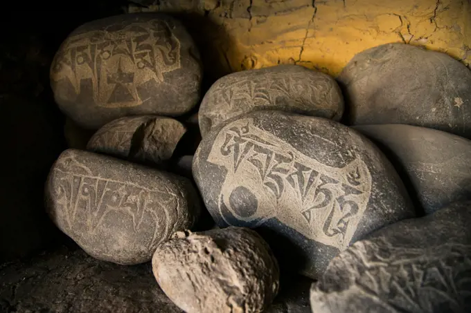 Buddhist objects on a buddhist monastery  in Zanskar valley, Northern India.