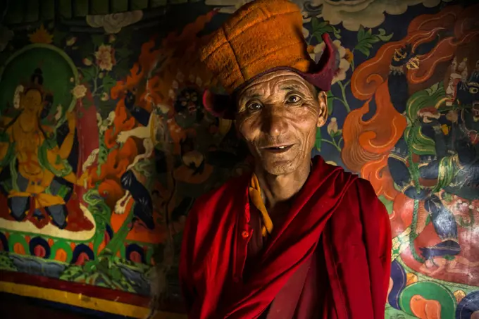 Buddhist monk in a monastery in Zanskar valley, Northern India.