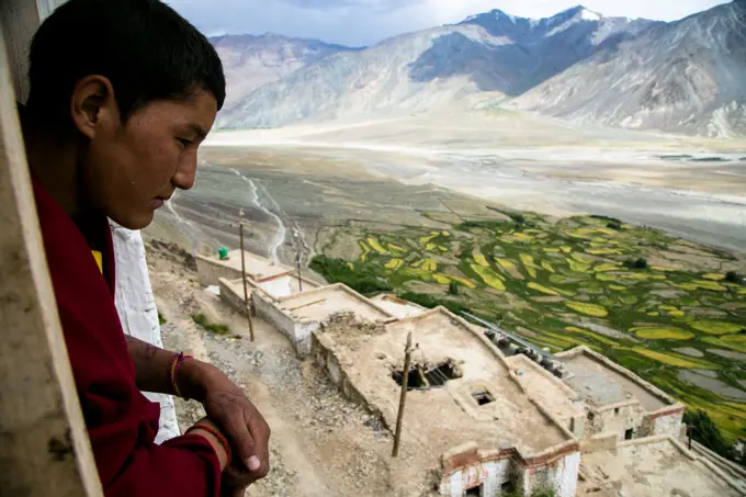 Buddhist monk in a monastery in Zanskar valley, Northern India.