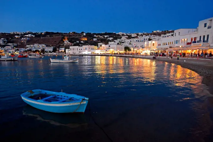 Fishing boats at night in Mykonos town, Greece