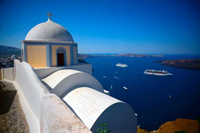 Hillside church in Fira, Santorini, Greek Islands, Greece