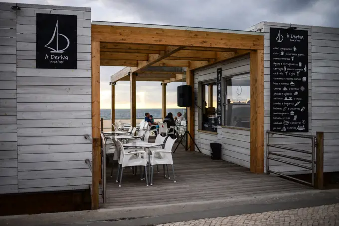 A Deriva beach bar on the beach of Nazare, Portugal