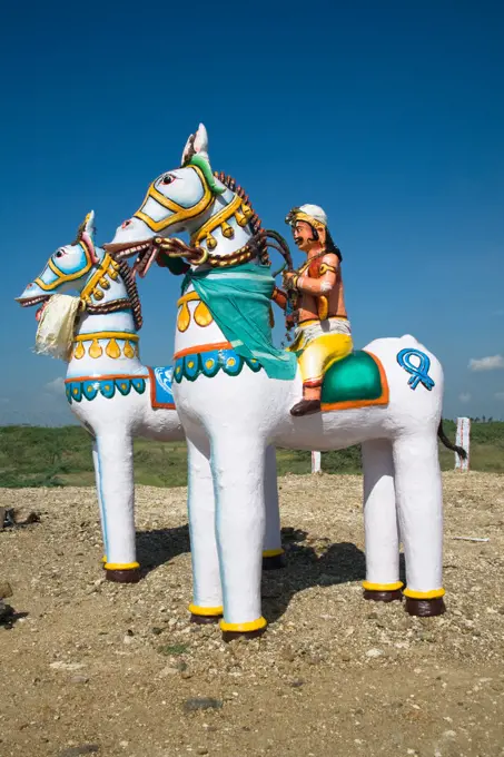 Colourful religious statue at a Hindu Shrine, Tamil Nadu, India