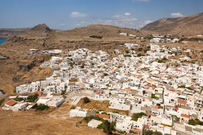 View of the town of Lindos from the Acropolis, Lindos, Rhodes, Greece