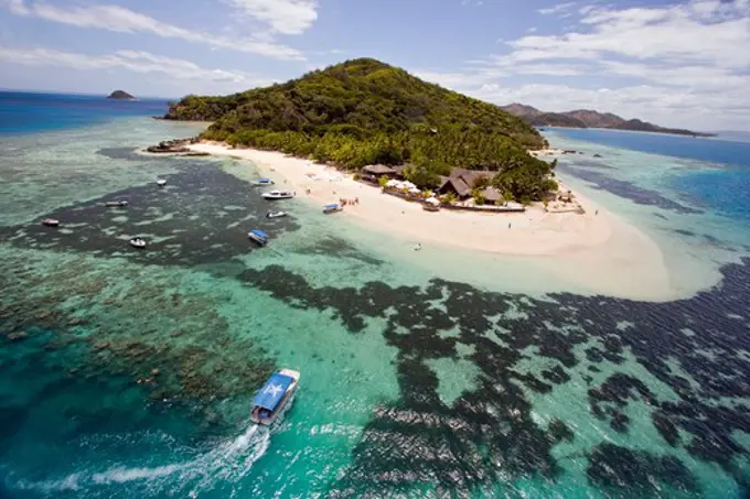 Fiji, aerial view of reef off Castaway Island in Mamanuca Region of Fiji