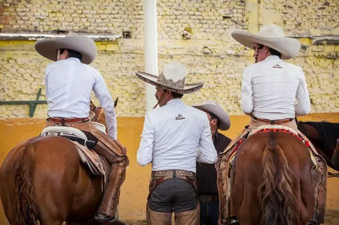 Mexican charros. A charreada Mexican rodeo at the Lienzo Charro Zermeno, Guadalajara, Jalisco, Mexico