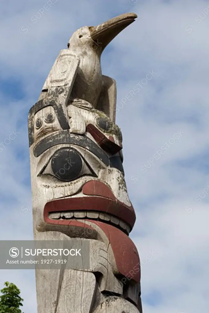 Totem Pole closeup showing Giant Woodpecker on top Museum of Anthropology  Vancouver  Canada