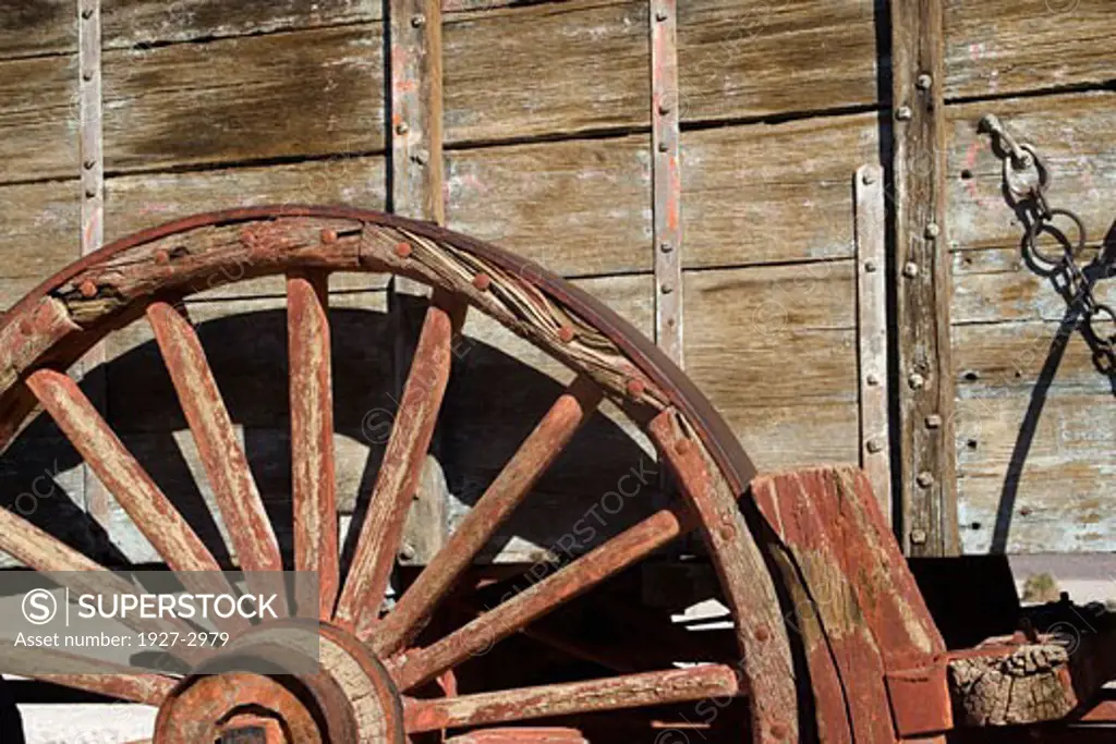 Wagon used to haul Borax ore by 20 mule team closeup Death Valley National Park California