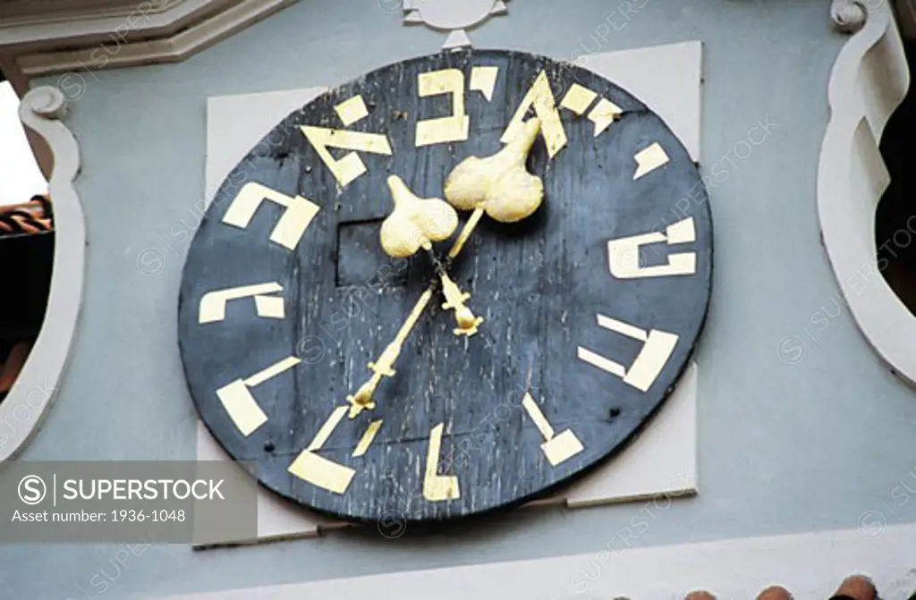 Hebrew clock on roof of the Town Hall Josefov Jewish Quarter Old Town Prague Czech Republic