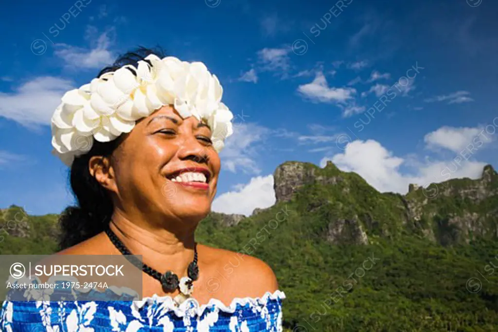 Close-up of a woman smiling, Moorea, Tahiti, French Polynesia