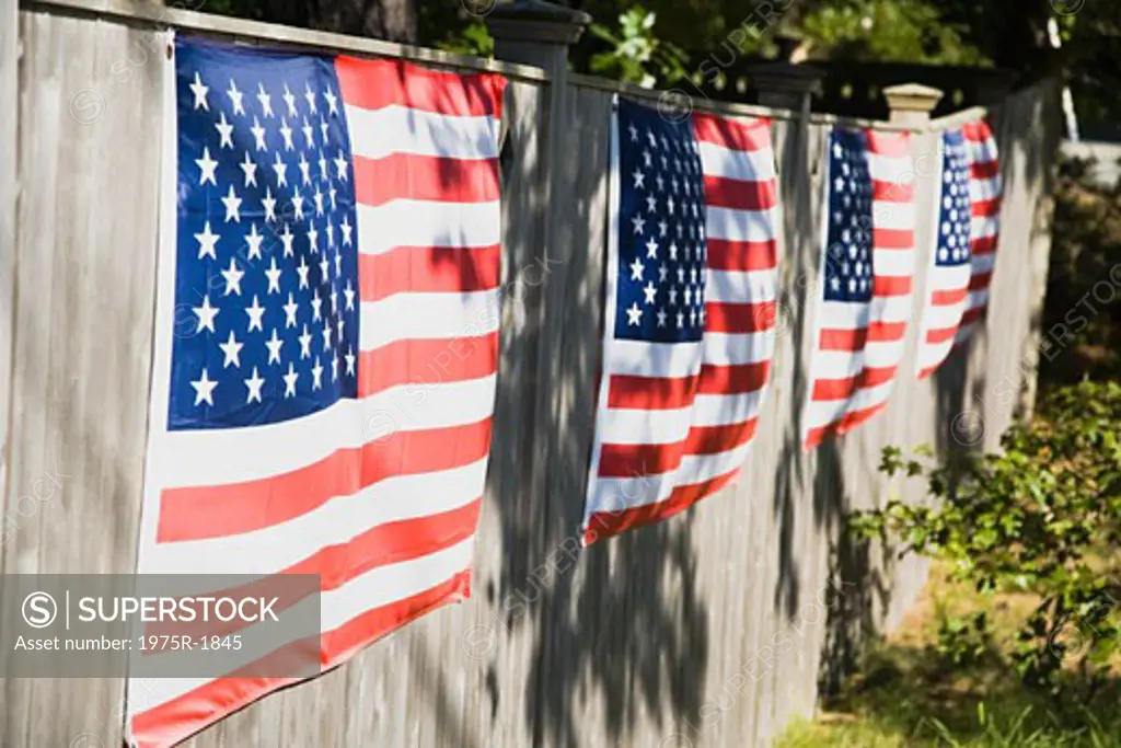 American flags hanging on a wall, Cape Cod, Massachusetts, USA