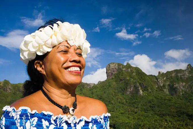 Close-up of a woman smiling, Moorea, Tahiti, French Polynesia